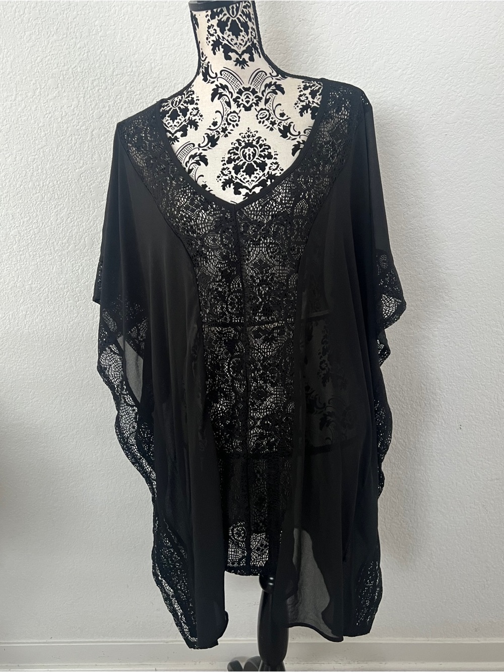 Merona Black Sheer Lace Kaftan Swim Cover Up Tunic Size XL